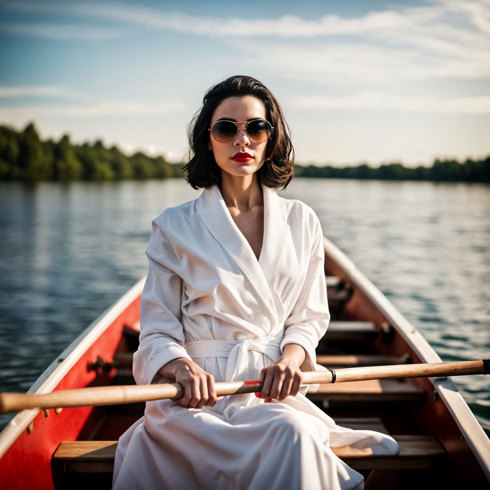 Elegant Dark Goddess in a Boat on a Serene Lake
