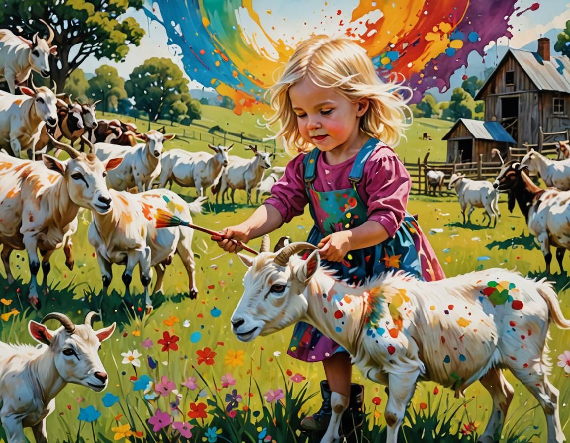 Girl Paints Goat with Colorful Splatter