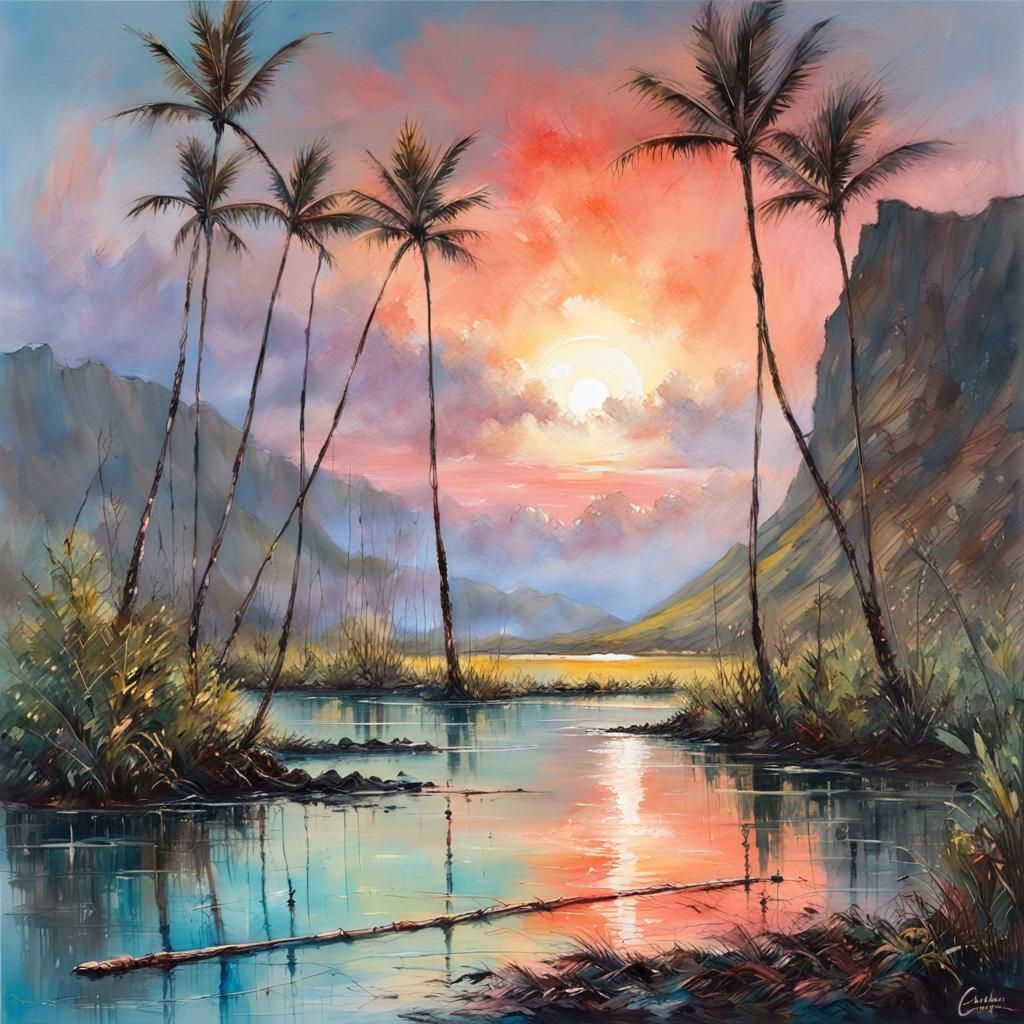 Hawaiian Lagoon Moonrise: A Vivid Acrylics Painting