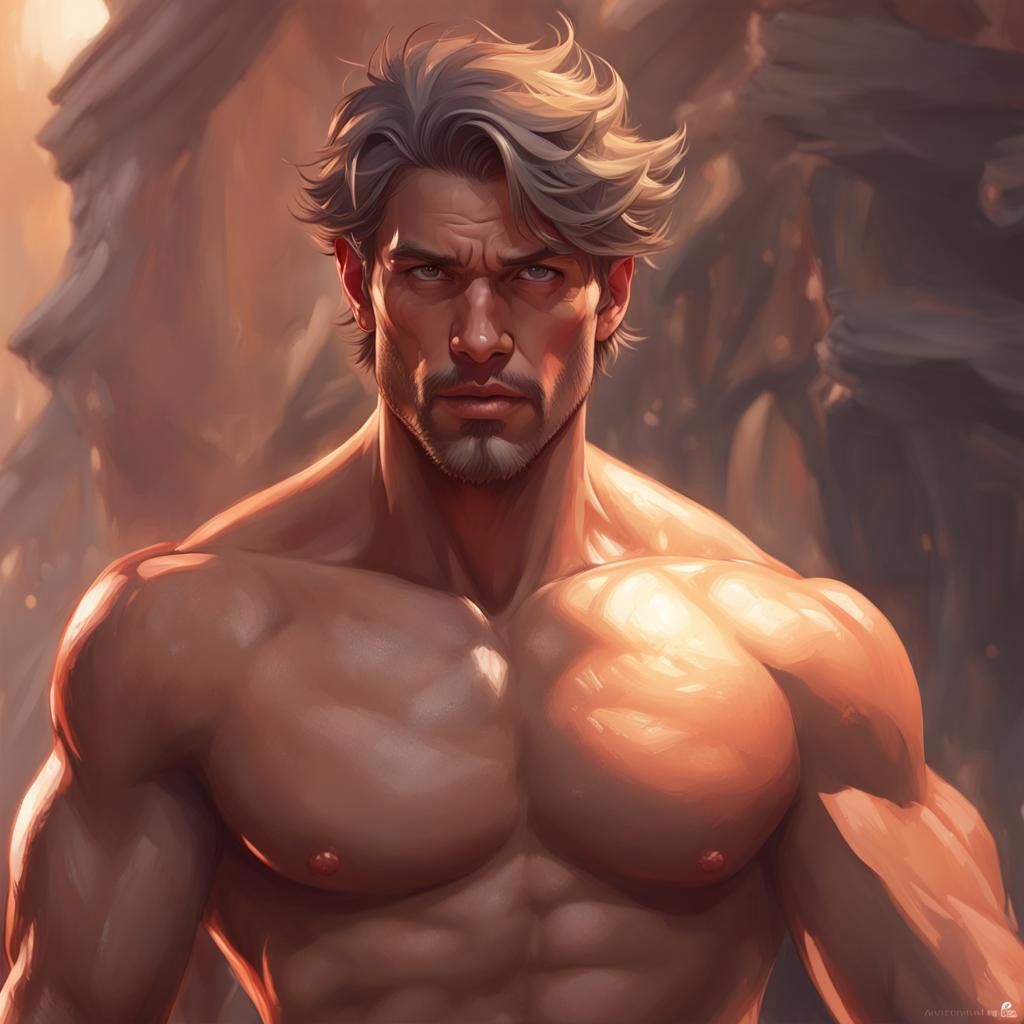 Detailed Portrait of Shirtless Man in Hyperrealistic Style