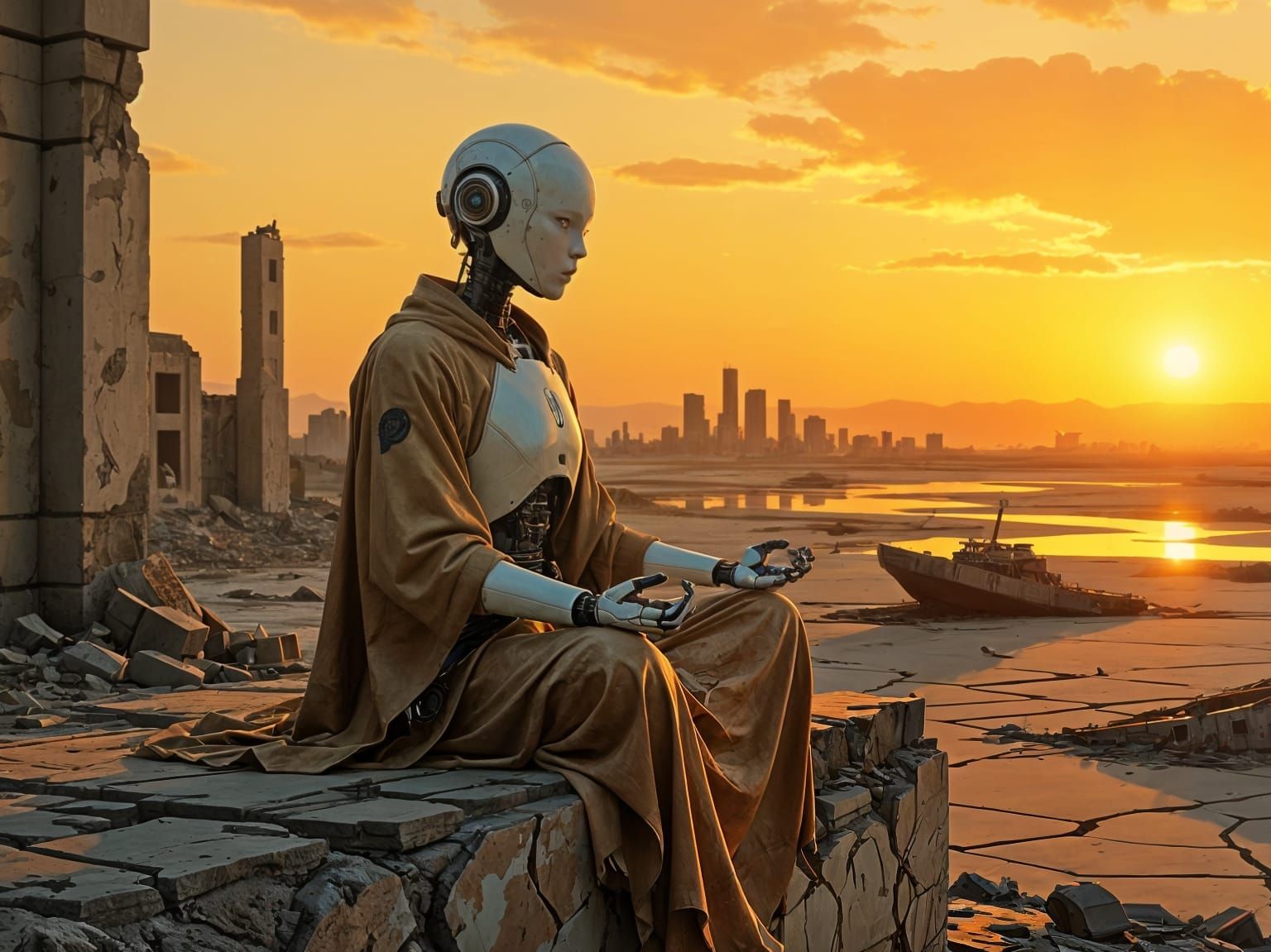 Meditative Robot in Post-Apocalyptic Sunset
