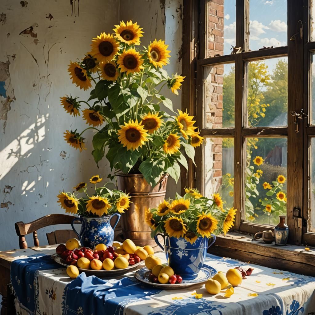 Sunflowers and Cherries Still Life in Magical Realism
