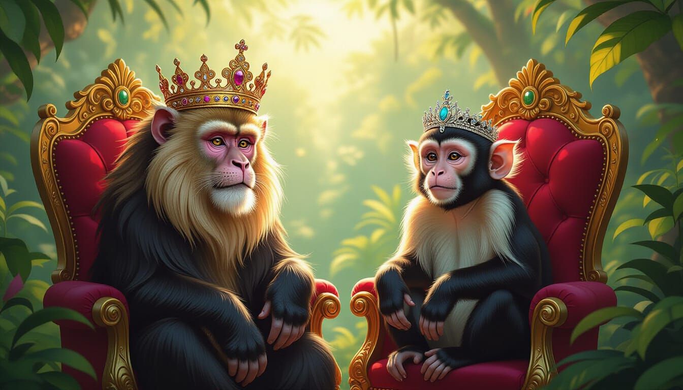 Monkeys in Royal Attire on Jungle Thrones