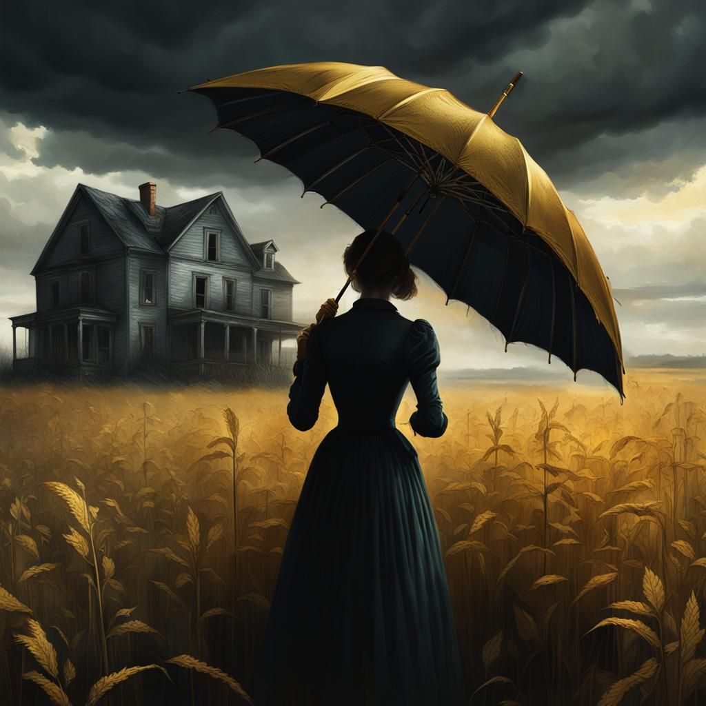 Ominous Woman with Golden Umbrella: Matte Painting
