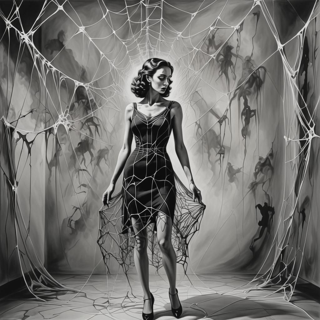 Creepy Woman Blending with Spider Web in Surreal Style