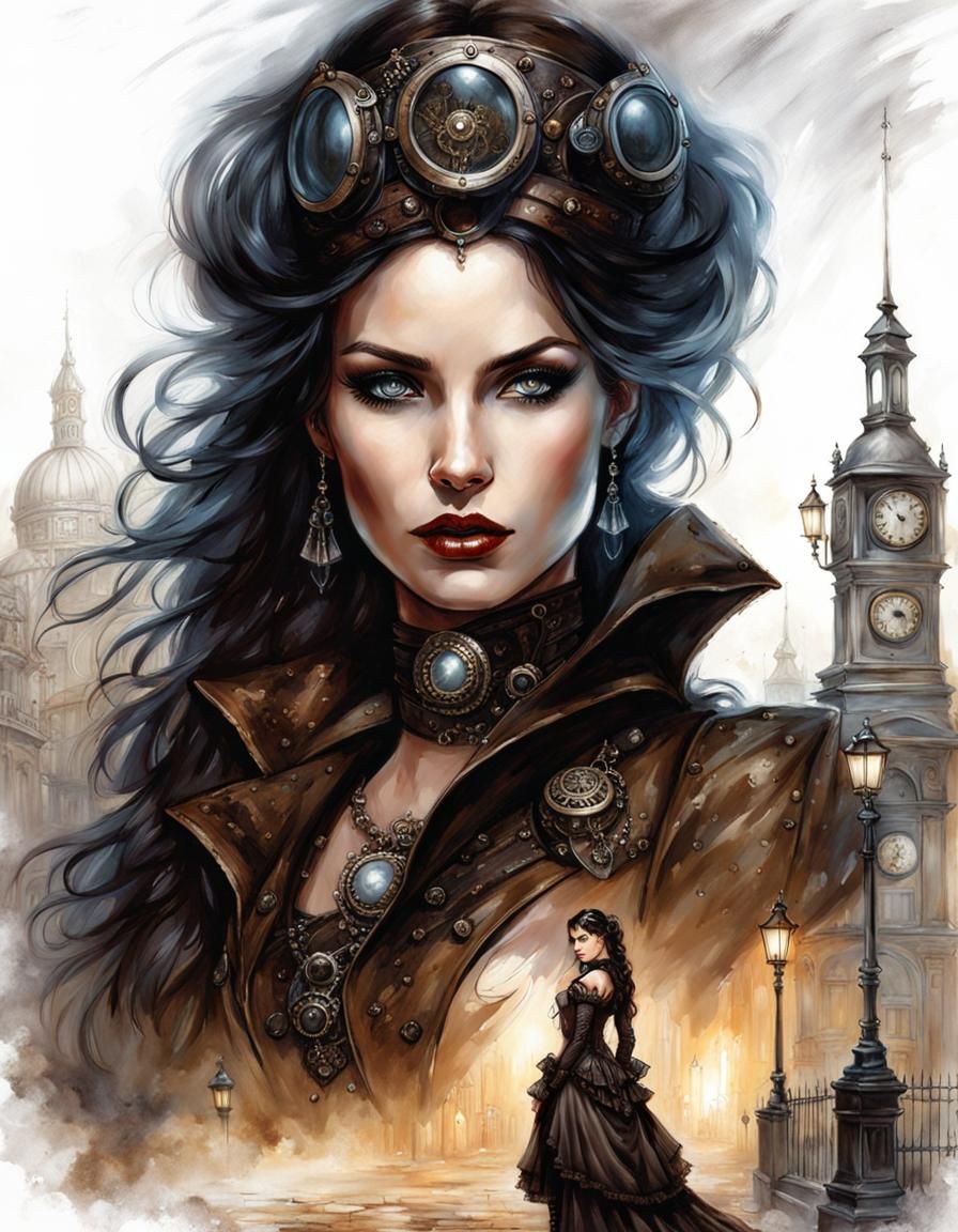 Victorian Steampunk Woman in Gritty Cityscape