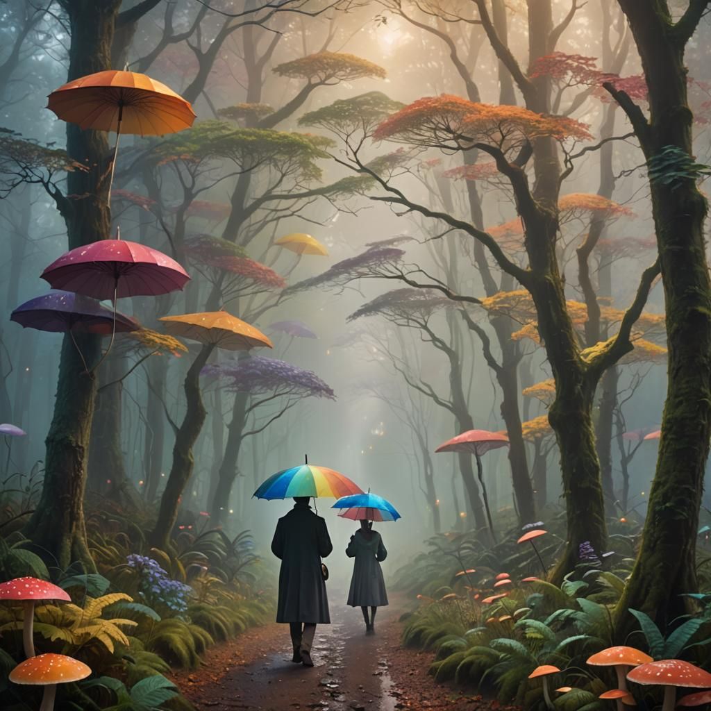Misty Forest Figure with Umbrella, Matte Painting