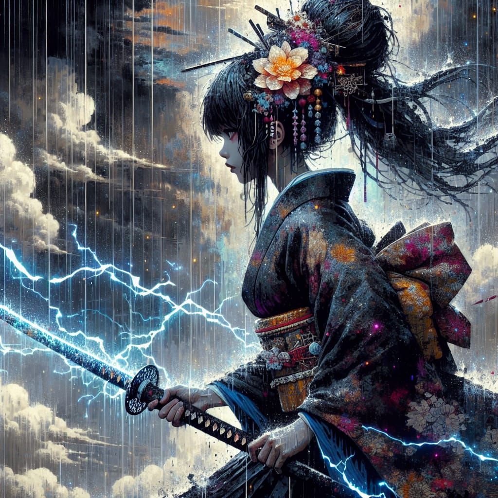 lightning sword, Japanese girl wearing Japanese armor in the...
