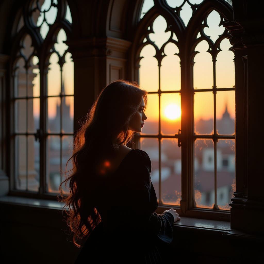 Gothic Window: Solitary Figure in Dramatic Chiaroscuro Light