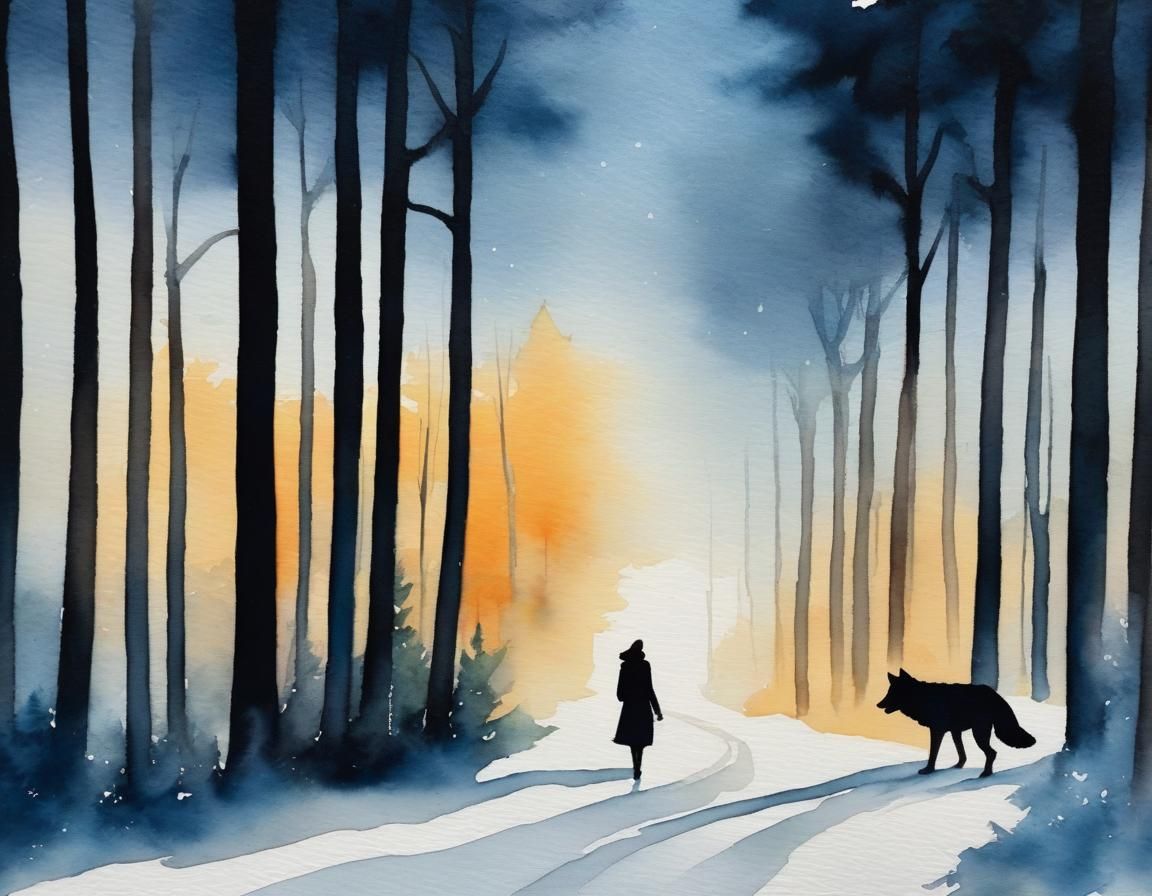 Woman and Wolf in Winter Forest Watercolor
