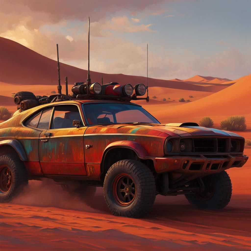 Mad Max Car in Red Desert: Expressionist Oil Painting