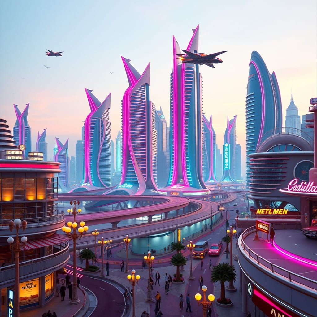 Aerodynamic Skyscrapers in Vibrant Pastel Tones, 1950s Cadil...