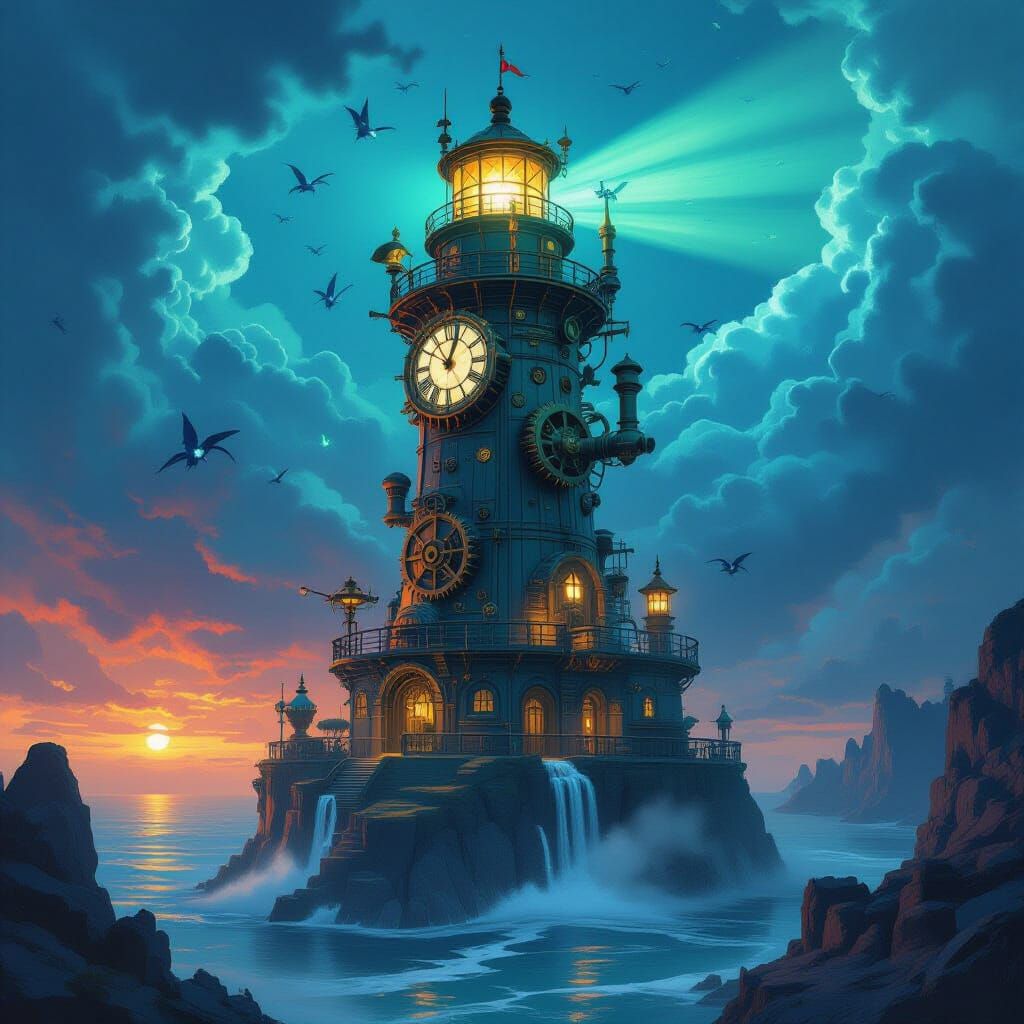 Clockwork Lighthouse on Floating Island, Fantasy Art