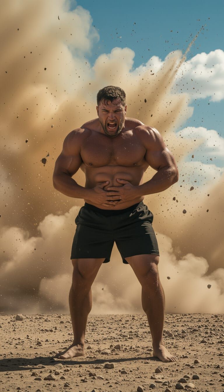 Hyper-Muscular Man in City Dust Explosion, Cinematic Style