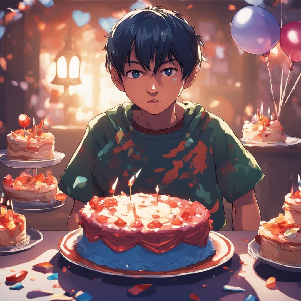 Angry Boy at Birthday Party in 3D Anime Style