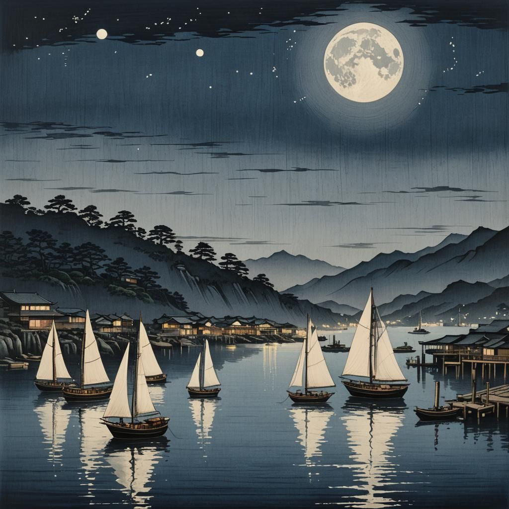 Sailboats in Moonlit Harbor: Japanese Woodblock Print
