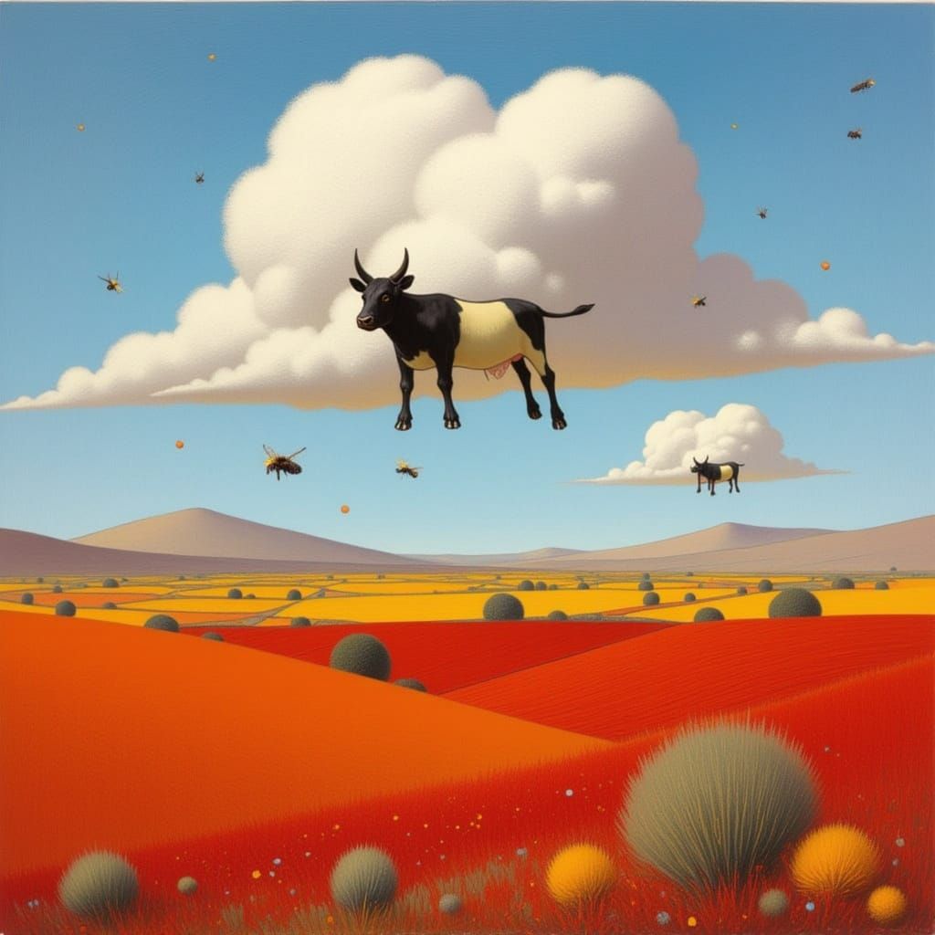 Surreal Floating Cloud Cows over Red Fields