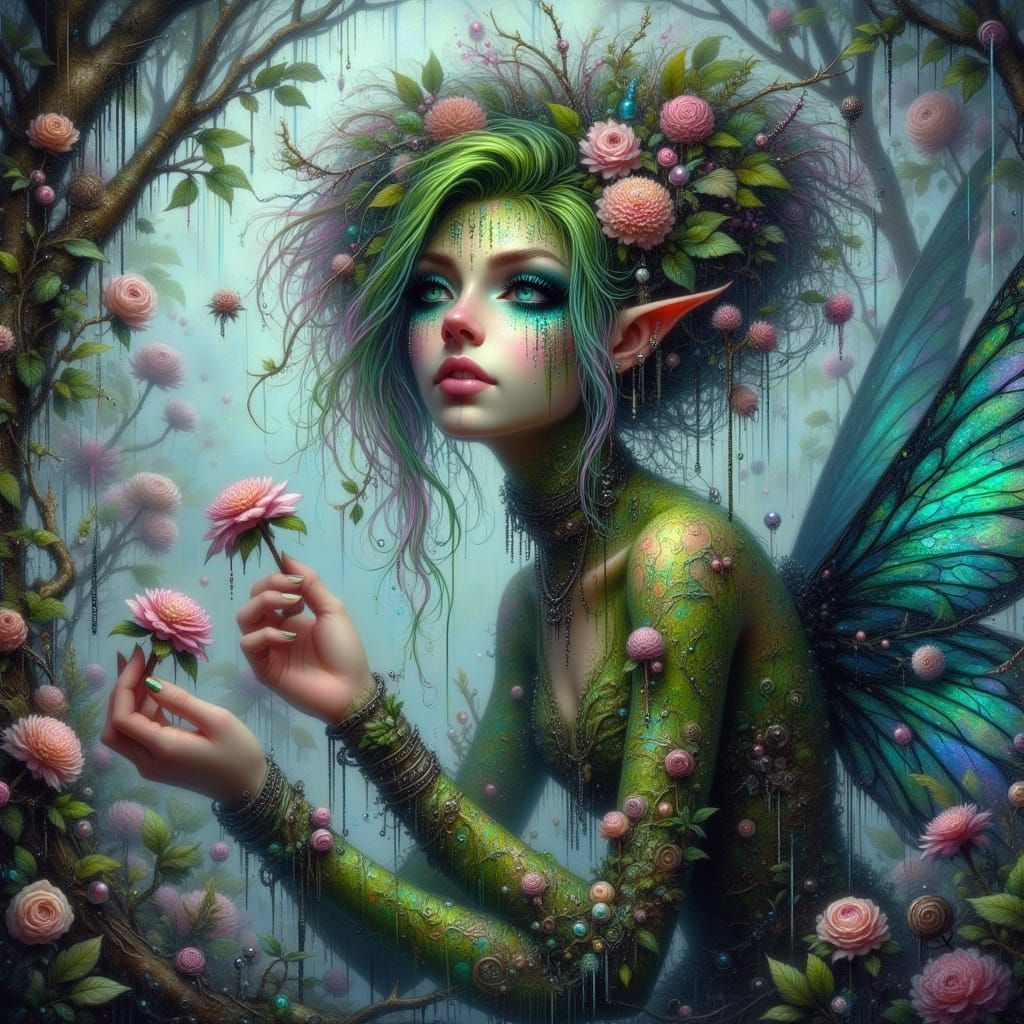 Dryad Woman Tending Bioluminescent Flowers in Hidden Grove