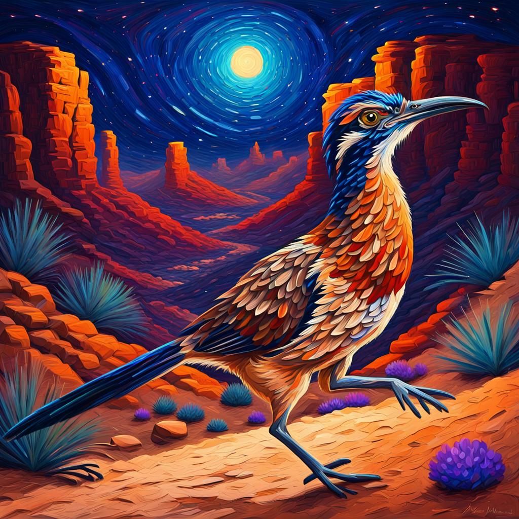 Roadrunner in Desert Canyon: Impasto Oil Painting