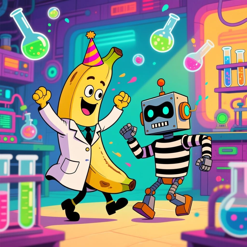 Whimsical Lab Dance: Banana Man and Robot