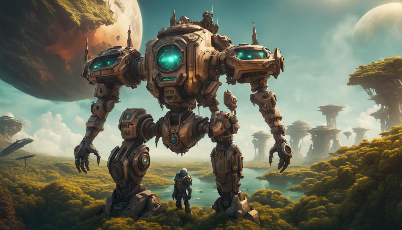 Steampunk Mechsuit on Lush Planet with Islands