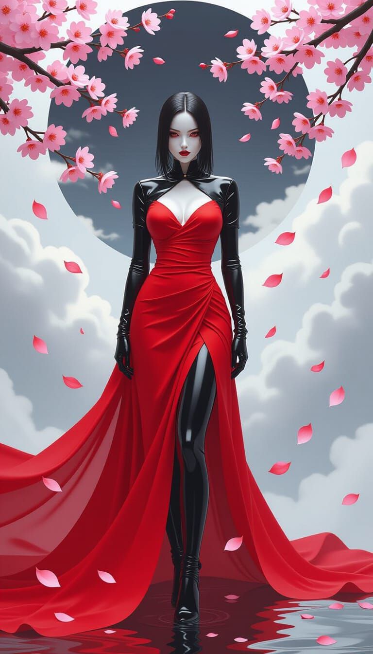 Elegant Shoujo Noir Figure in Stormy Cherry Blossom Scene