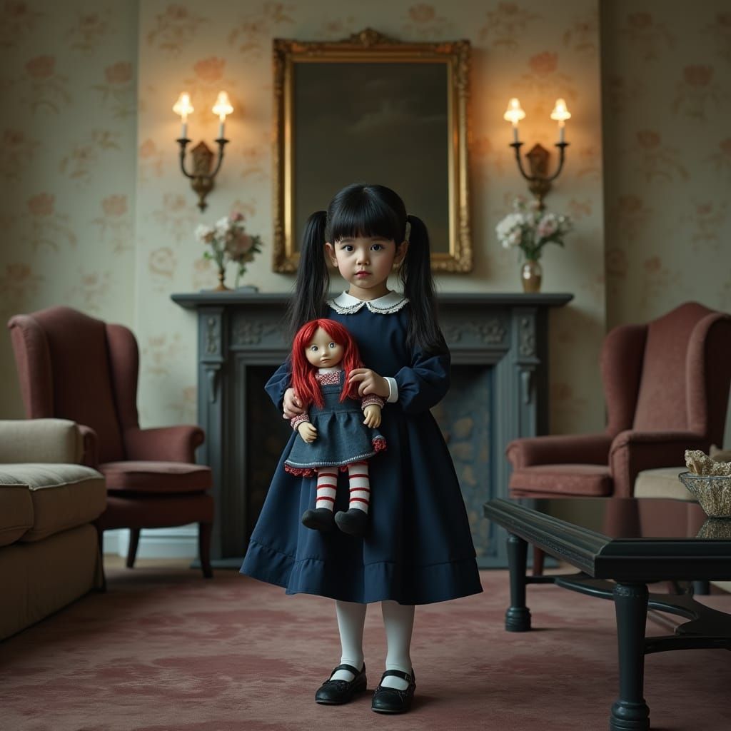 Hyper Realistic Photo: Child with Pigtails and Doll in Victo...