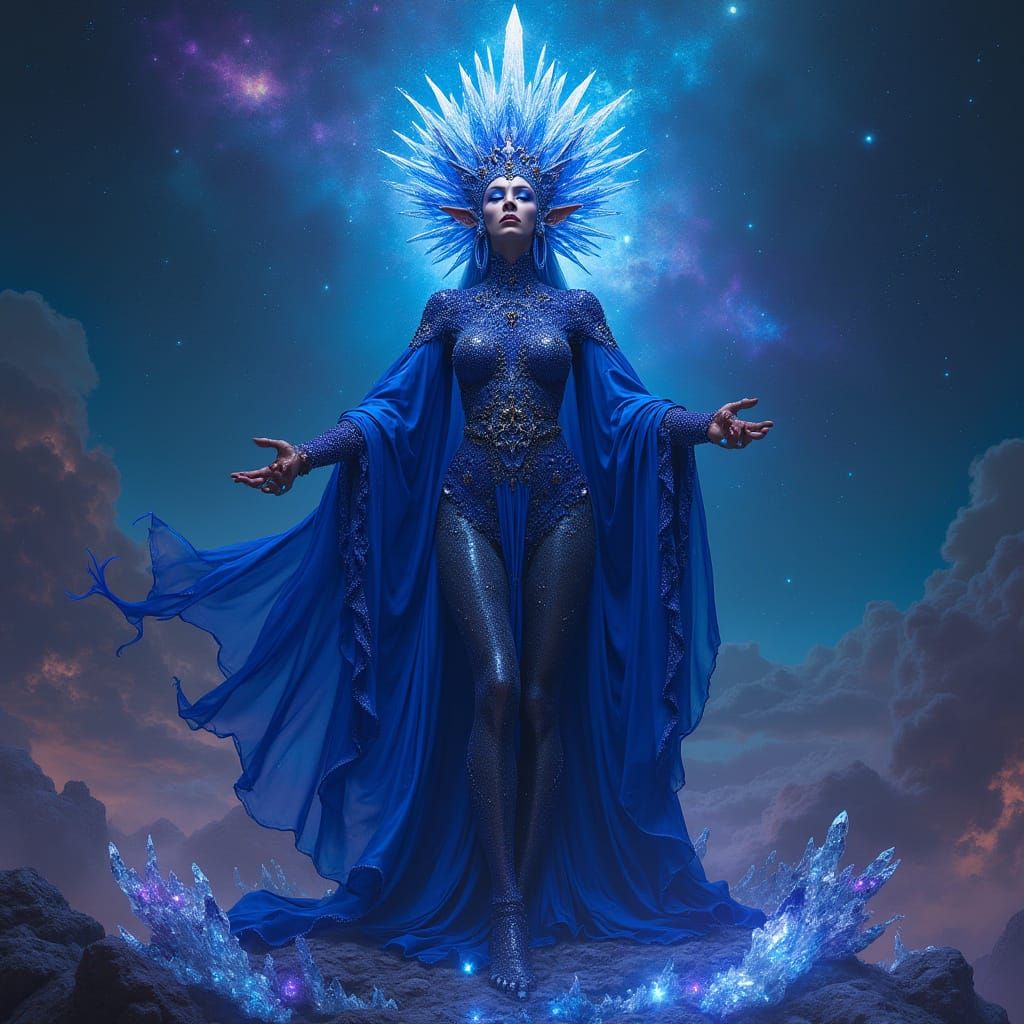 Regal Alien Queen of Neptune in Cosmic Crystal Crown