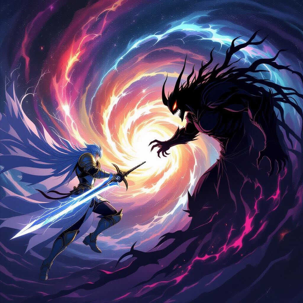 Celestial Knight Fights Demon Lord in Cosmic Vortex