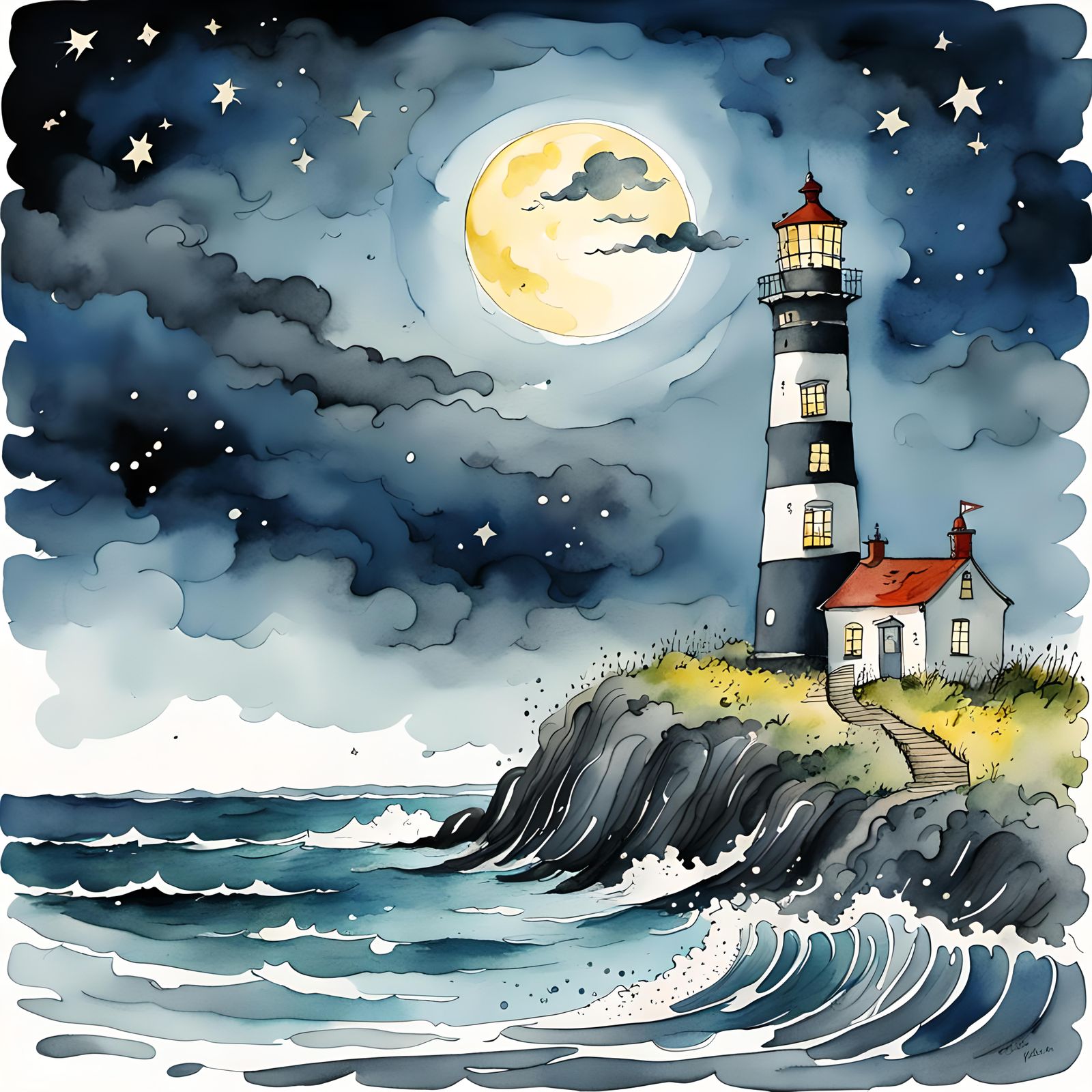 Midnight Lighthouse Watercolor Illustration