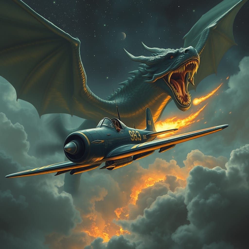 Fighter Plane Evades Dragon in Starry Sky