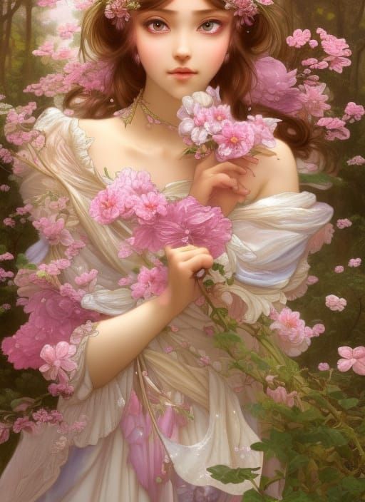 Pink Anime Fairy Princess in Spring Woods