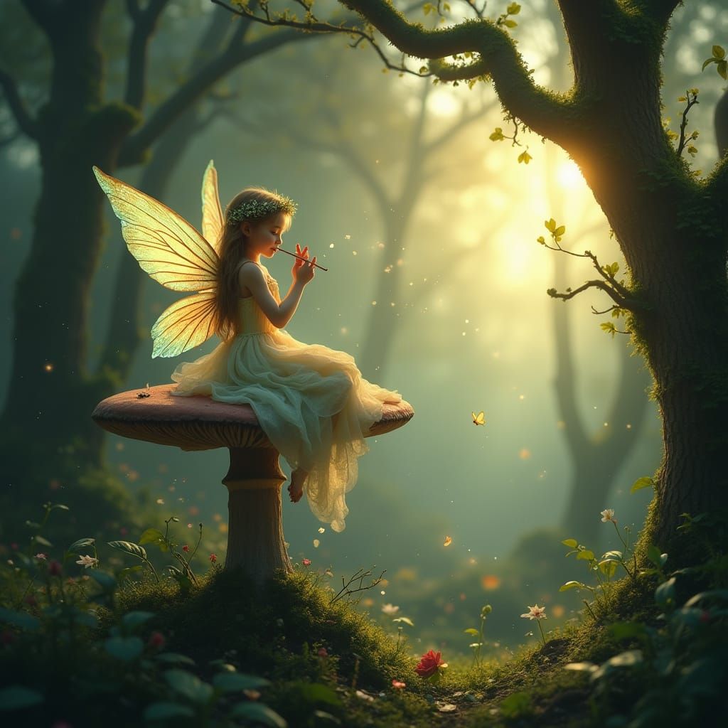 Enchanted Faerie Plays for Fireflies in a Mystical Dawn Fore...