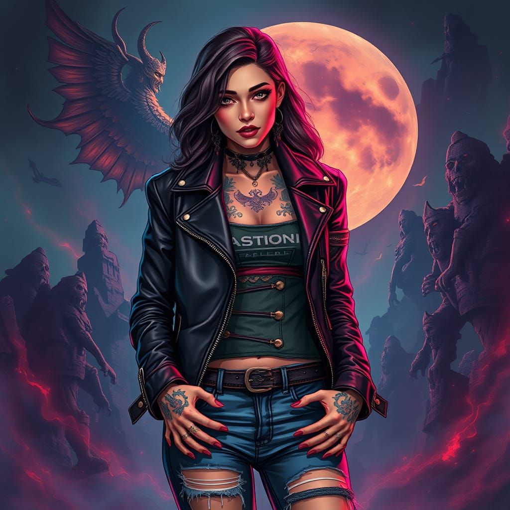 Woman with Tattoos in a Mystical Fantasy Landscape