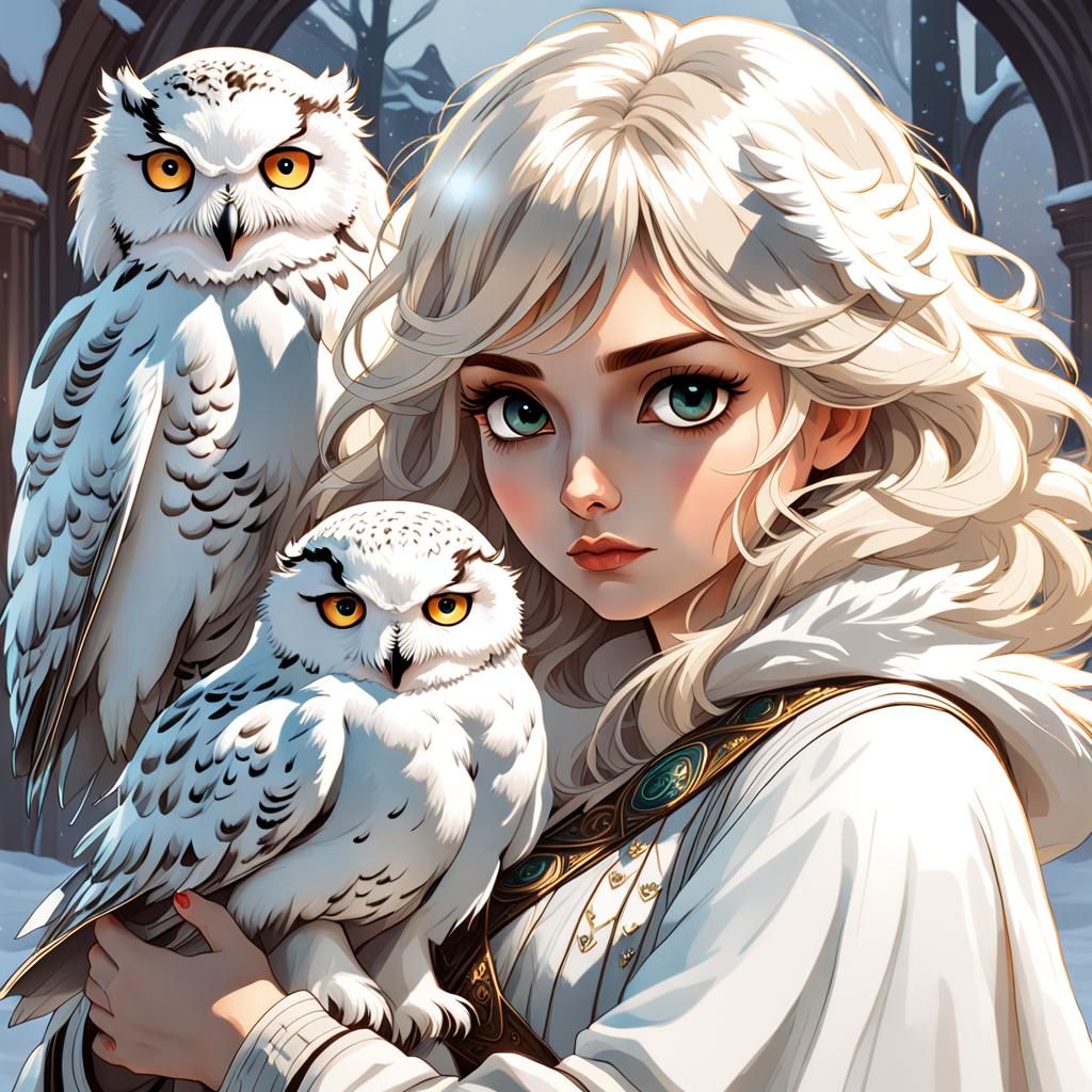 Dreamy Portrait with Snowy Owl, Art Nouveau Style