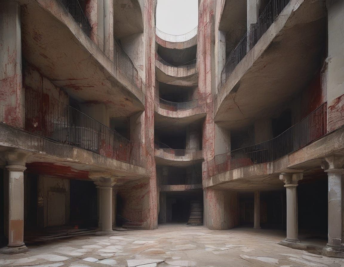 Two-Faced Figure Lost in Brutalist Labyrinth as Gothic Art