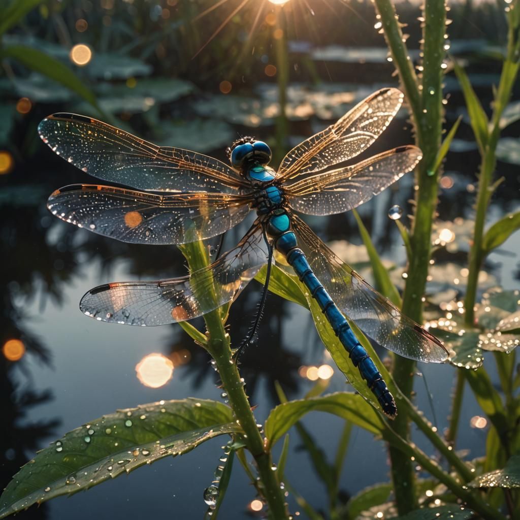 Iridescent Jeweled Dragonfly on Leaf in Dreamcore Style
