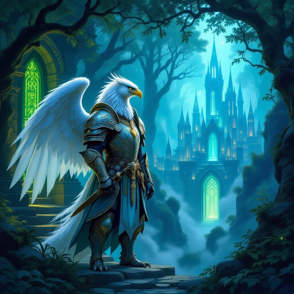 Griffin Guards Hidden Elven City in Bioluminescent Forest