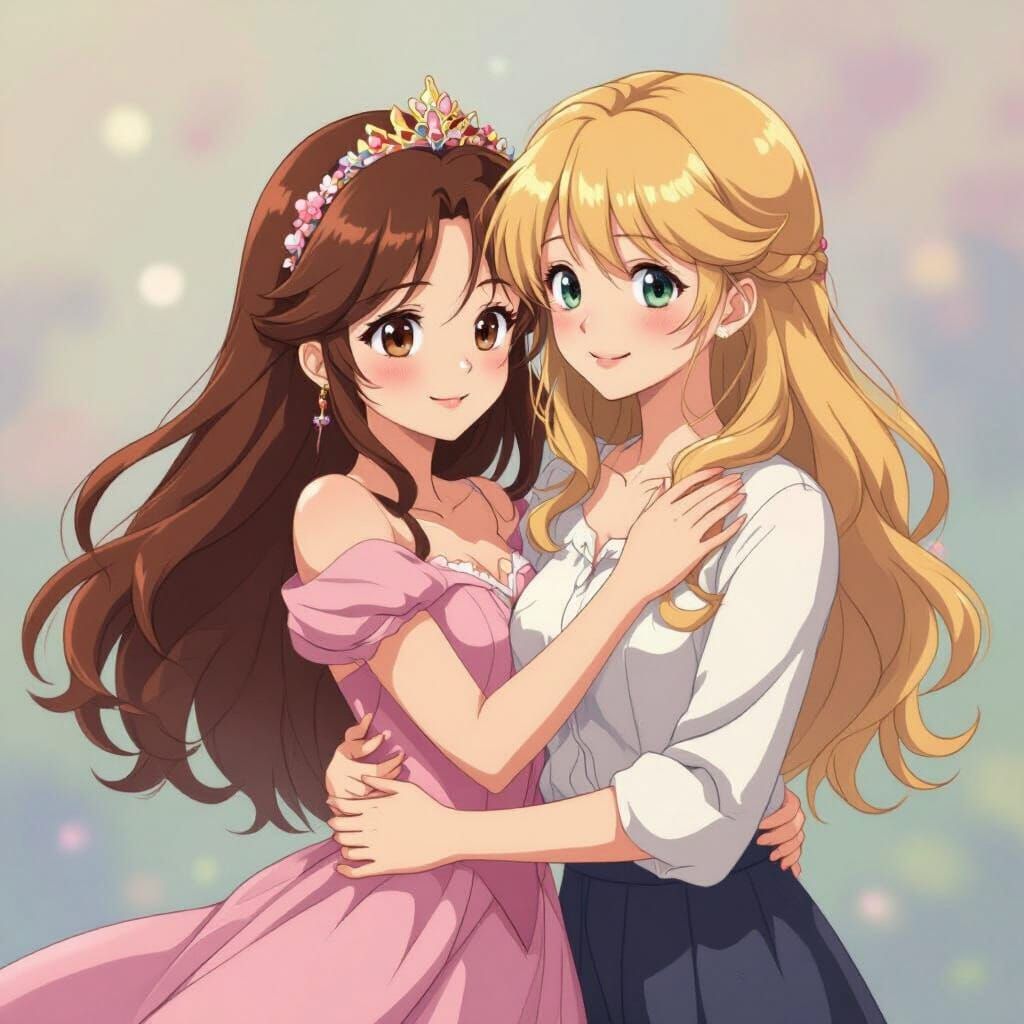 Anime Princesses Embrace in Ghibli Style