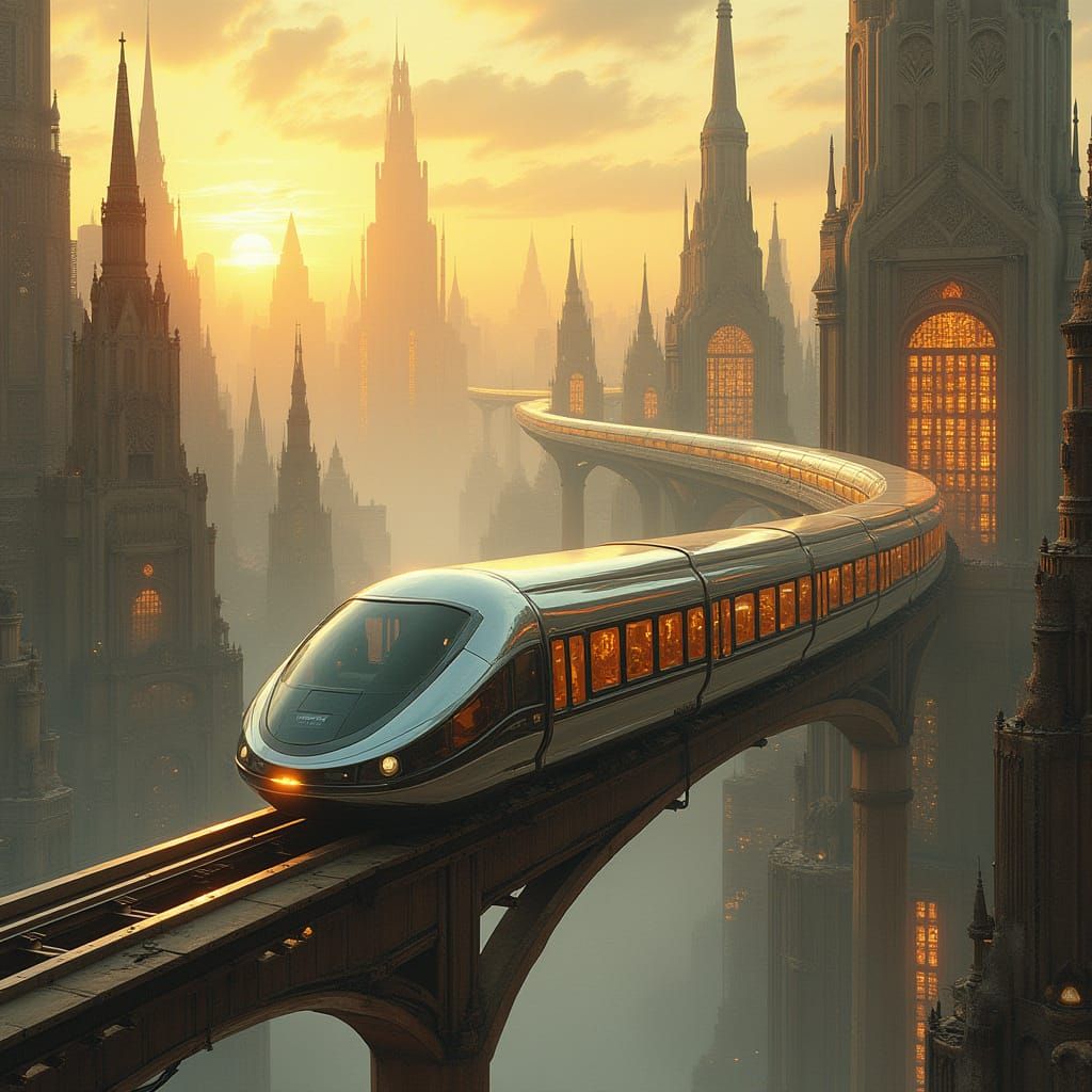 Sleek Art Deco Monorail Soars Above Dystopian Divide