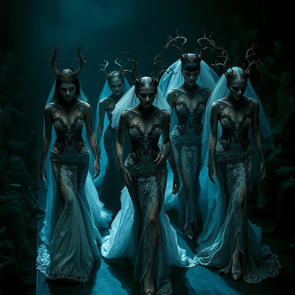 Gothic Undead Brides on Dark Catwalk: Aerial View
