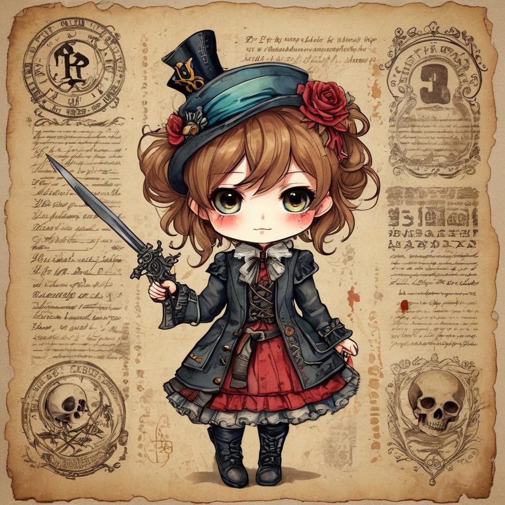Chibi Figure in Victorian Dress, Watercolor Style