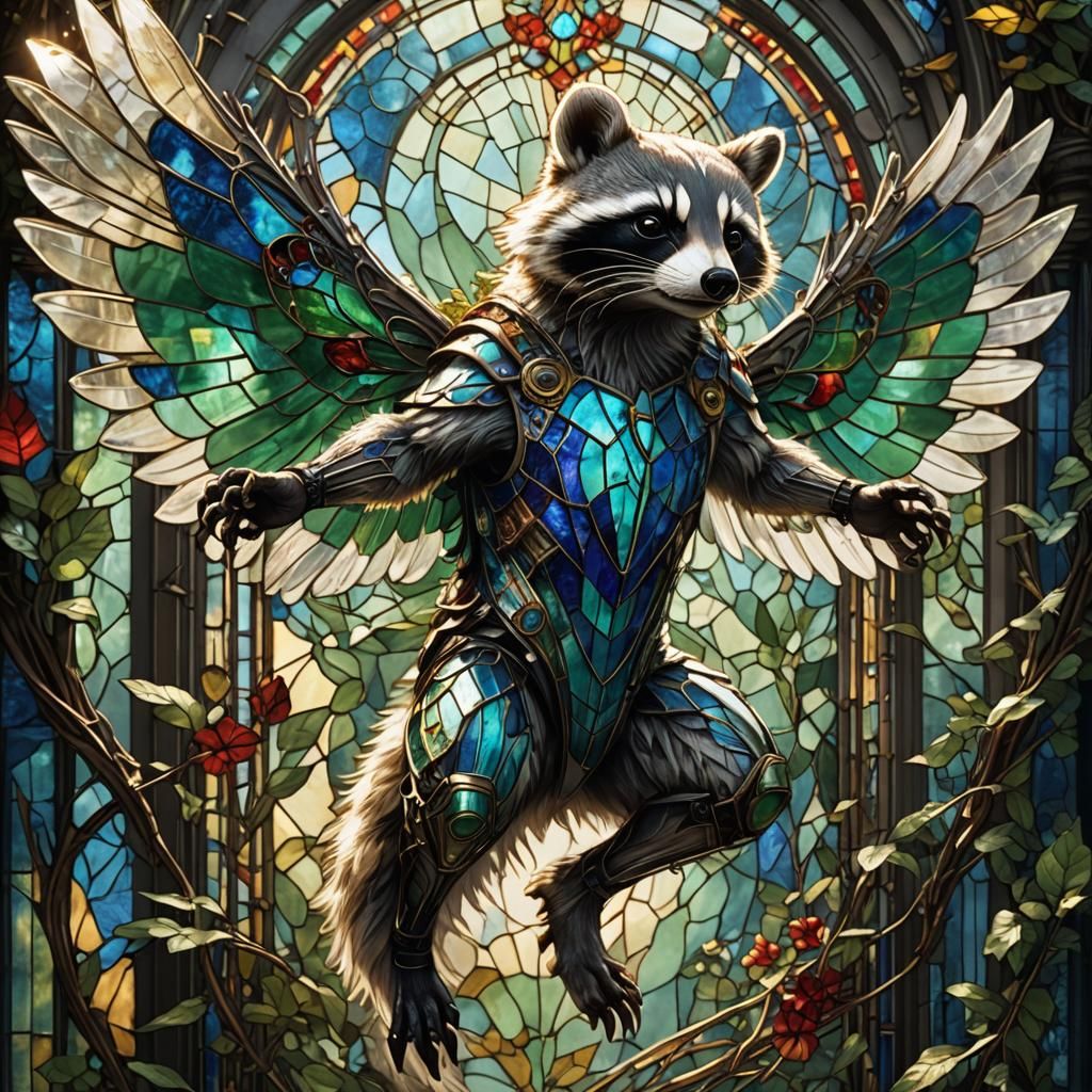 Biomechanical Raccoon with Stained Glass Wings