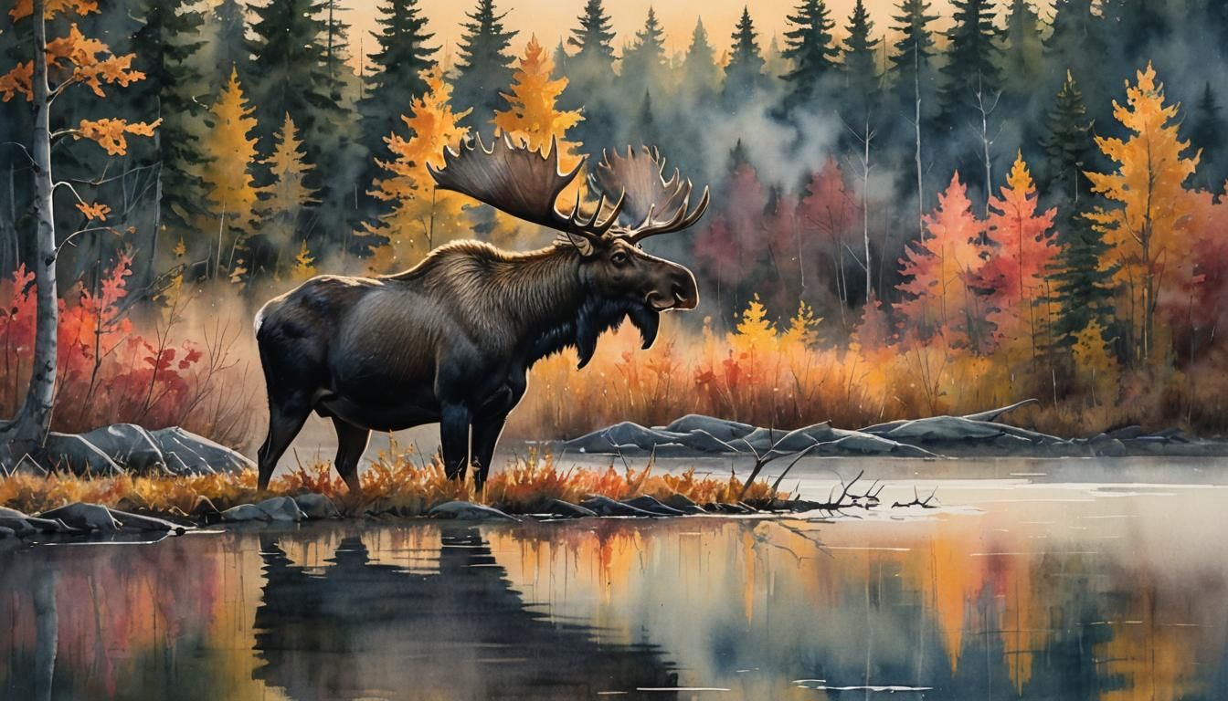 Majestic Moose in Autumn Forest: Watercolor Landscape