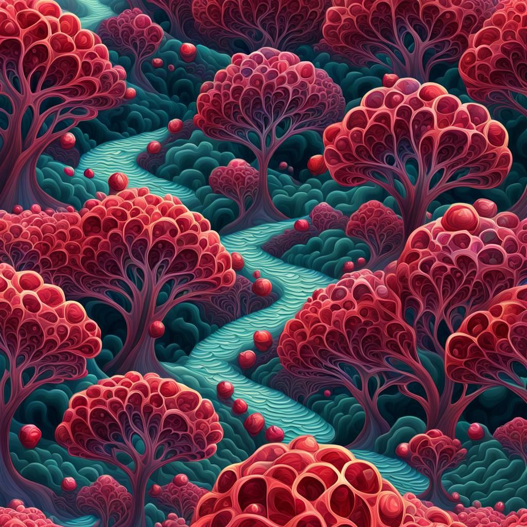 Pomegranate Fractal Landscape in Psychedelic Digital Art