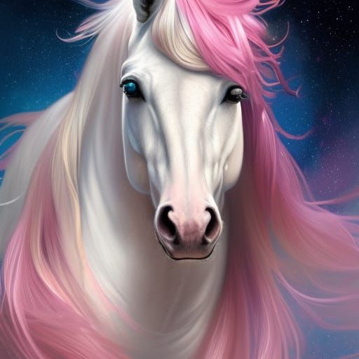 White Horse Portrait with Galaxy Hair, Hyperdetailed Art
