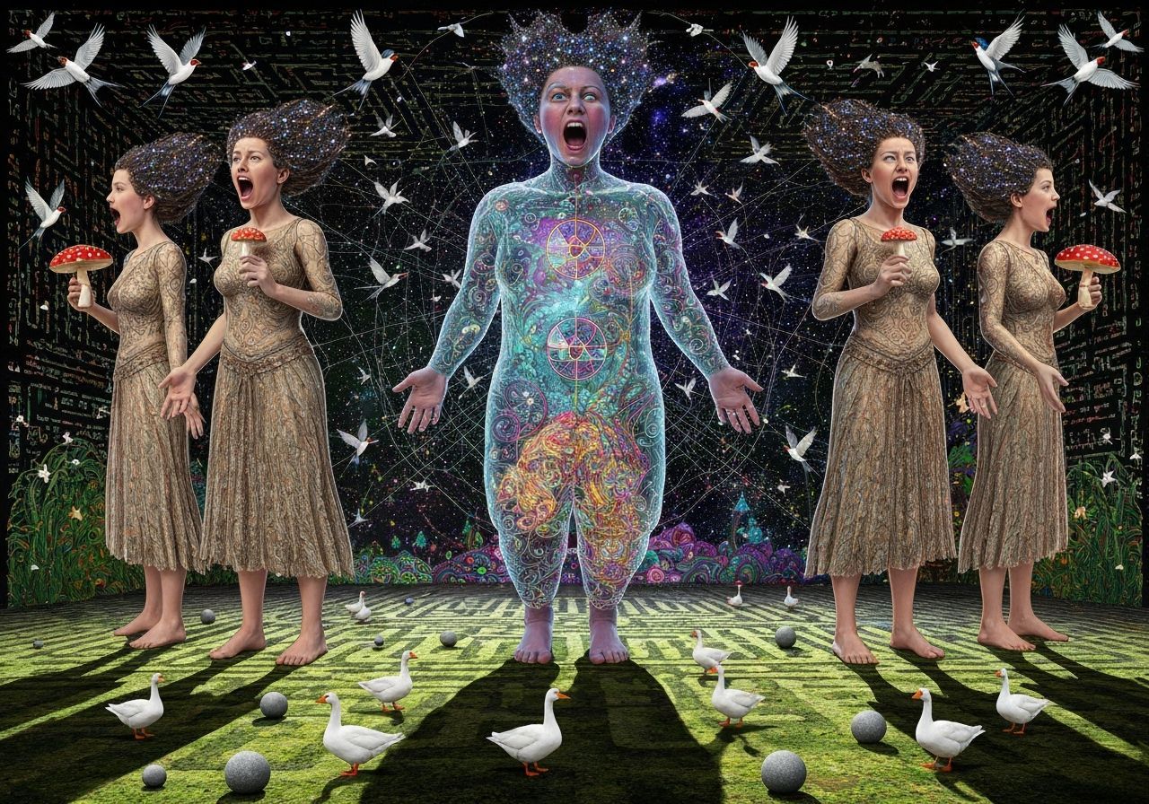 Surreal Primal Scream: Twins Amidst Cosmic Dreamscape Art