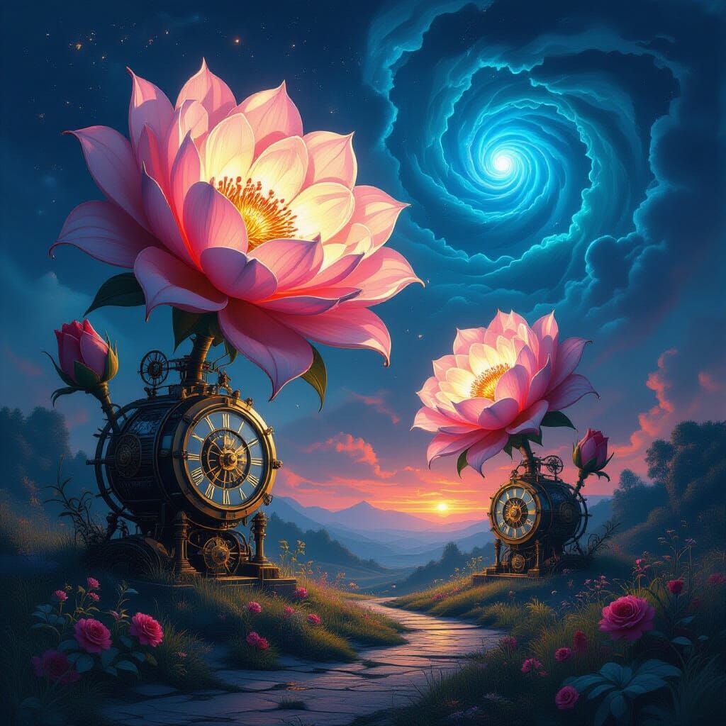 Surreal Clockwork Blooms Under Indigo Cosmic Sky