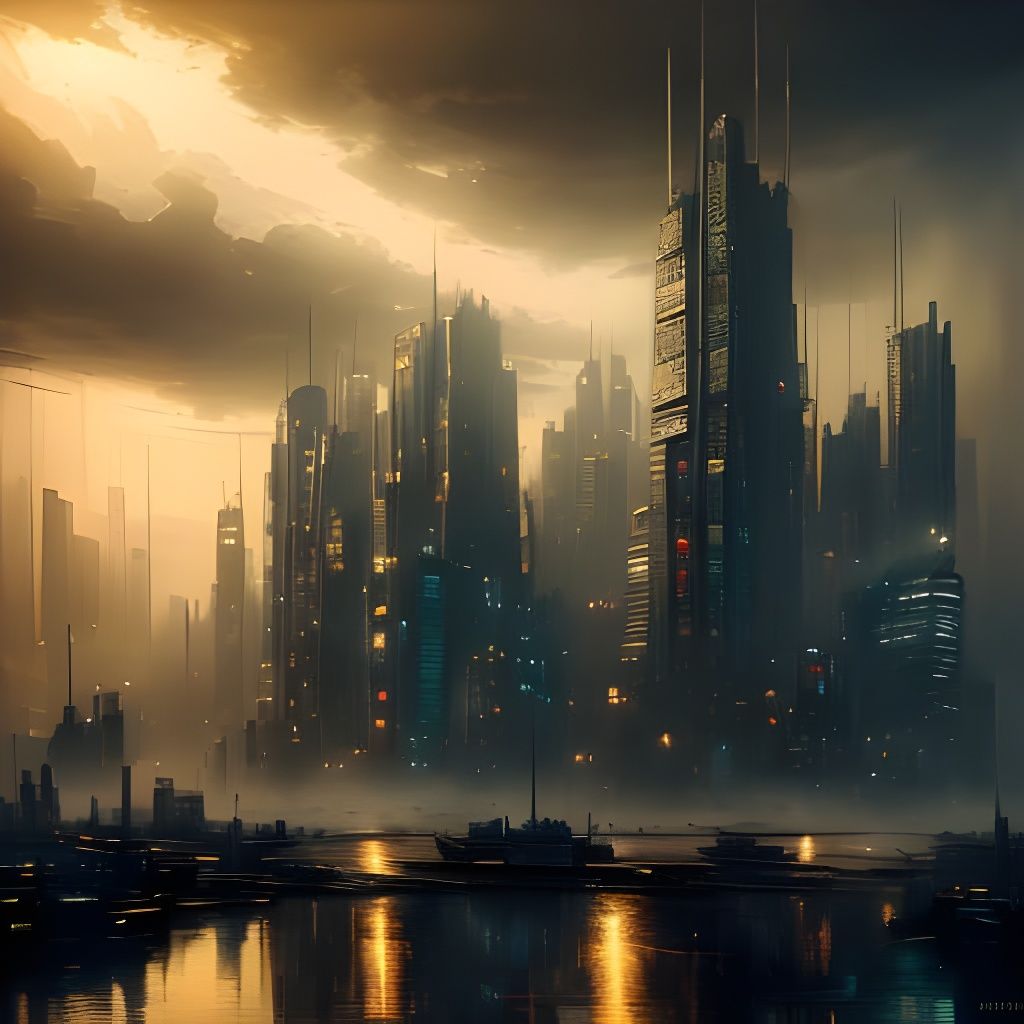 Glowing Metropolis at Dusk in a Cyberpunk Aesthetic