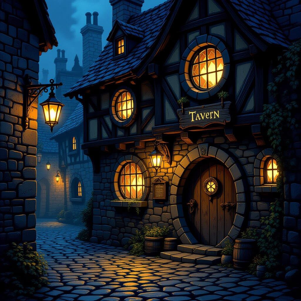 Mystical Tavern in Dimly Lit Alleyway, Fantasy Illustration